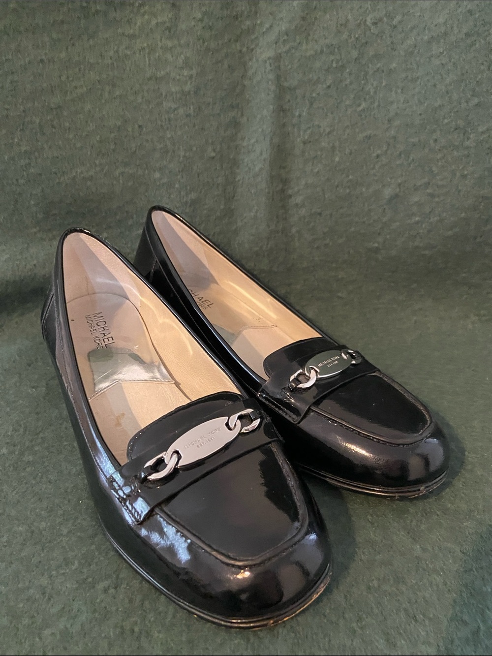 MICHAEL Michael Kors Black Patent Leather Loafers with Silver Chain Accent